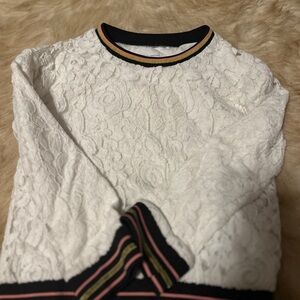 Rockets of Awesome White Lace Long Sleeve Sweater with Striped Trim